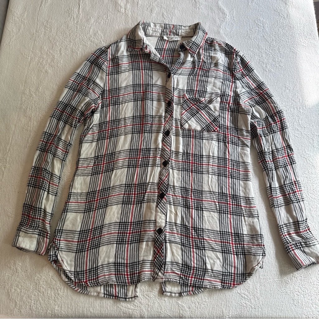 Beach Lunch Lounge Flannel Button Up Top Womens Size Xs Black White Plaid Shirt